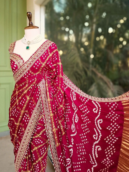 Noor-E-Riwaayat Maroon Bandhani Saree with Zari Border
