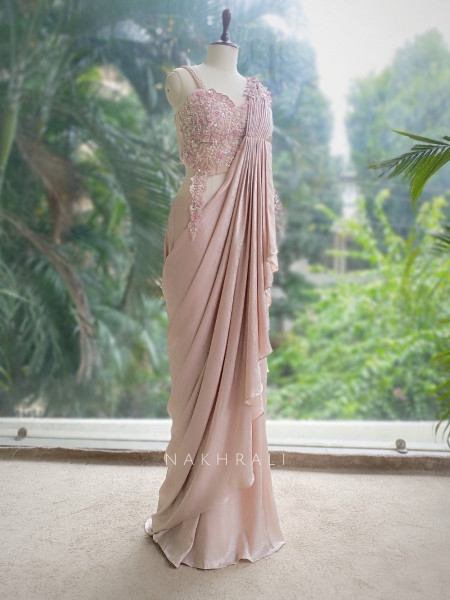 Shimmer Veil Peach Drape Saree with Cutdana and Sequin Work