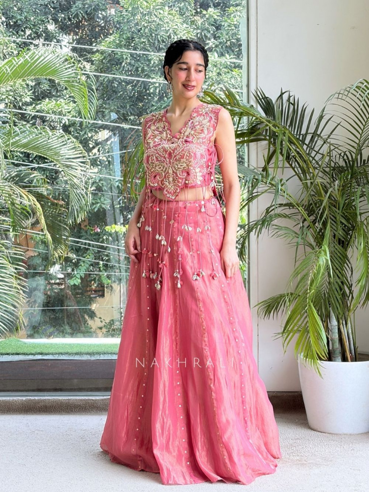 Image of Gulpriya  Pink Shimmer Tissue Silk Crop Top Palazzo Set