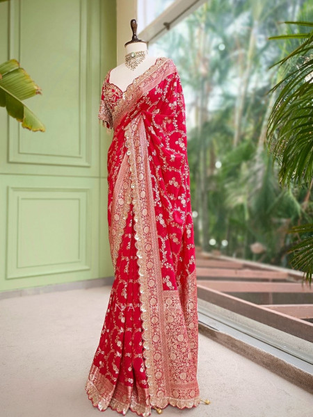 Tarangini Red Banarasi Silk Blend Saree with Readymade Blouse