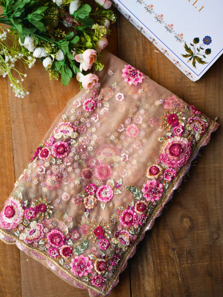Tiararose Sand Beige Net Floral Embroidered Saree