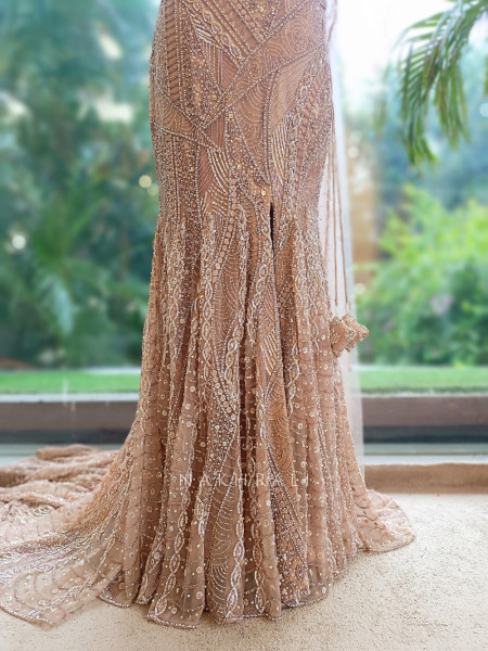 Cressida Beige Net Indo-Western Fishtail Lehenga Set