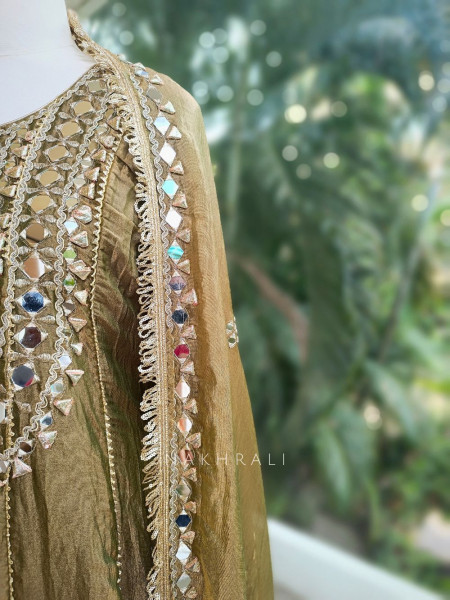 Amaya Olive Green Tissue Dhoti Kurta Set with Mirror and Gota Patti Work