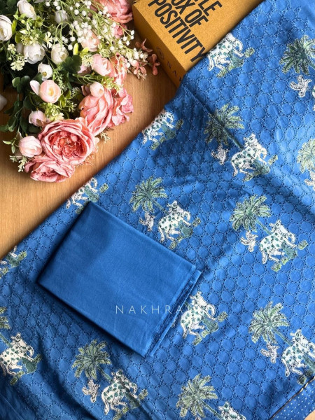 Katha Blue Printed Dress Material Set