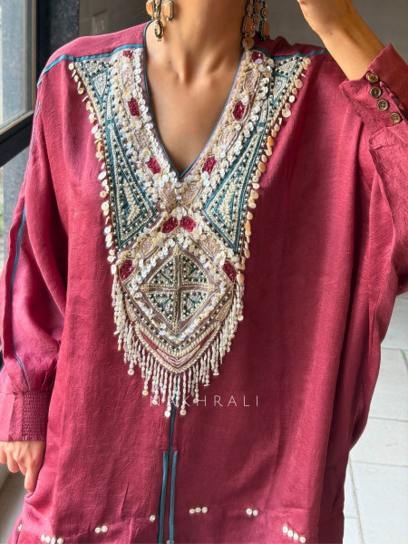 Zyven Maroon Kaftan Palazzo Set with Embroidered Sequin Neck