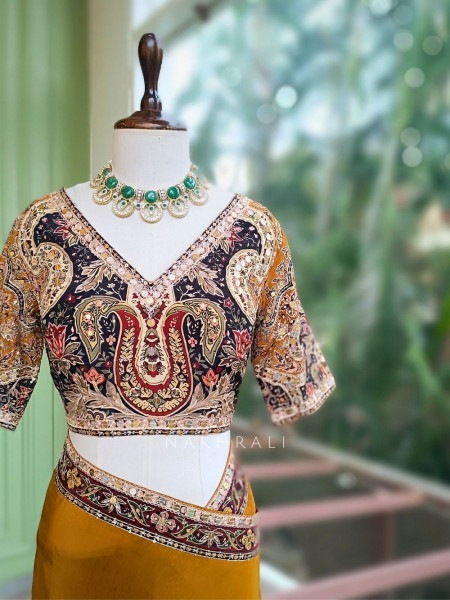 Dhara Mustard Georgette Silk Saree With Kalamkari & Cutdana Work