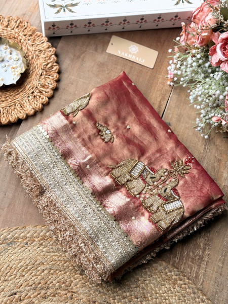Gajshri Copper Rose Banarasi Katan Tissue Silk Saree