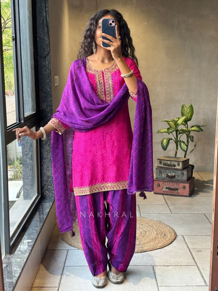 Image of Rivkara Purple Bandhej Suit Set with Golden Embroidery and Bead Work