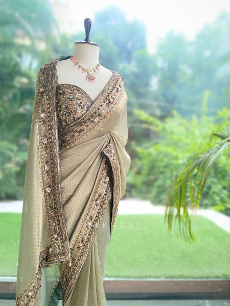 Lustre Trellis Sage Green Tissue Silk Saree with Readymade Blouse