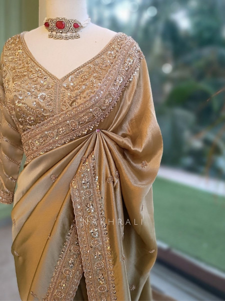 Hiranya Pista Green Metallic Tissue Silk Saree with Cutdana, Sequin & Paisley Embroidery