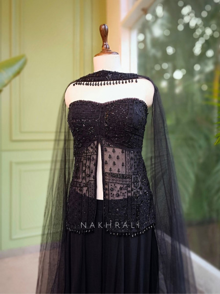 Nocturne Black Embellished Crop Top Palazzo Set