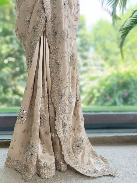 Celestine Beige Crushed Shimmer Silk Tissue & Silk Georgette Blend Saree