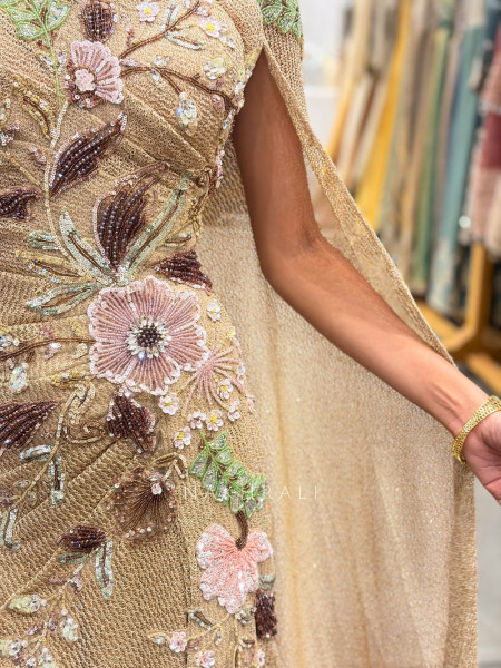 Orlina Beige Sequin Drape Gown