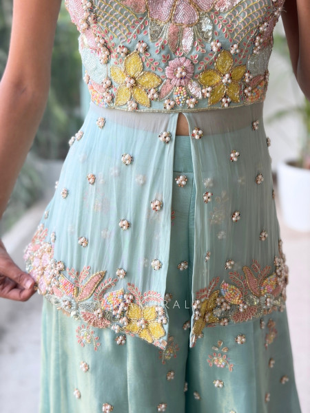 little flower Sky Blue Viscose Georgette Indo Western Sharara Set