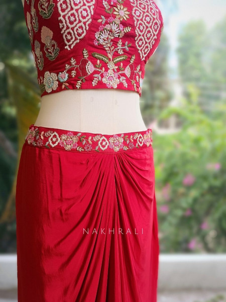 Kavira Red Embroidered Crop Top Skirt with Jacket Set