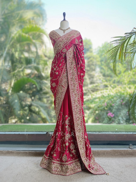 Rubani Aks Deep Red Crepe Saree