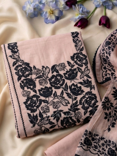 Komallika Pink Dress Material With Floral Thread Embroidery