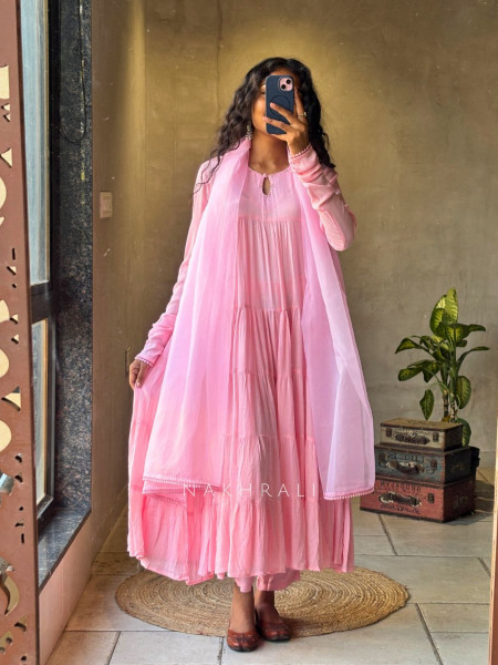 Calira Pink Cotton Anarkali Suit Set with Organza Dupatta