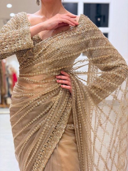 Tishya Beige Italian Silk Net Saree with Readymade Blouse