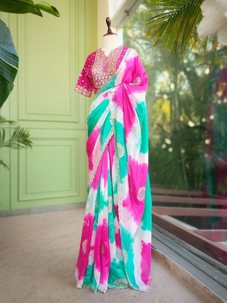 Rangriti Firozi Leheriya Saree with Sequin Gota Blouse