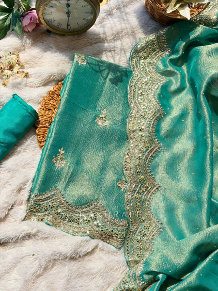 Saanvi Green Tissue Mirror Work Dress Material