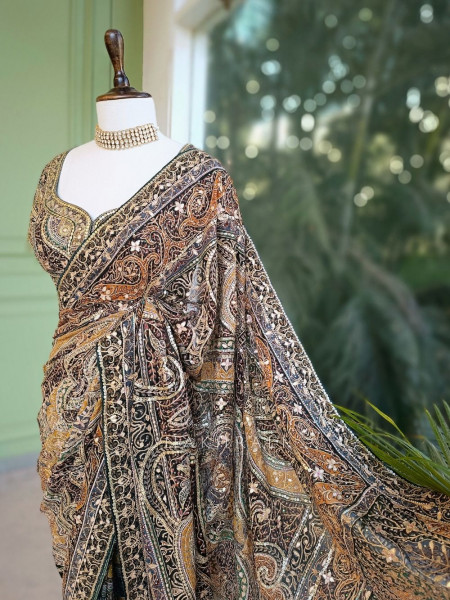 Nakkashi Green Bridal Sequin Zari Saree with Ready Blouse