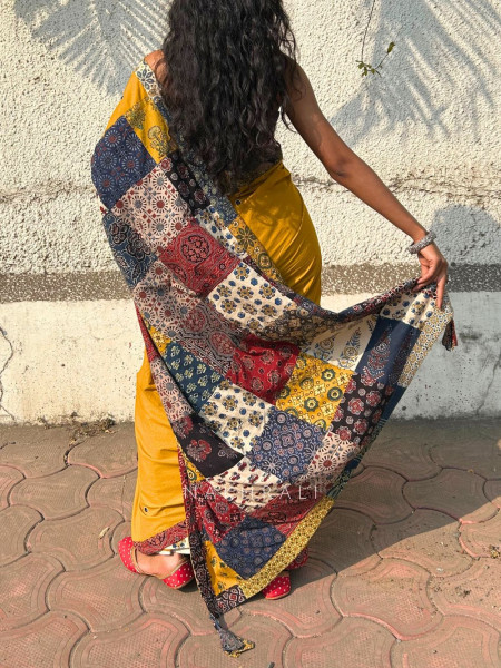 Sootra Mustard Cotton Saree with Patchwork Border