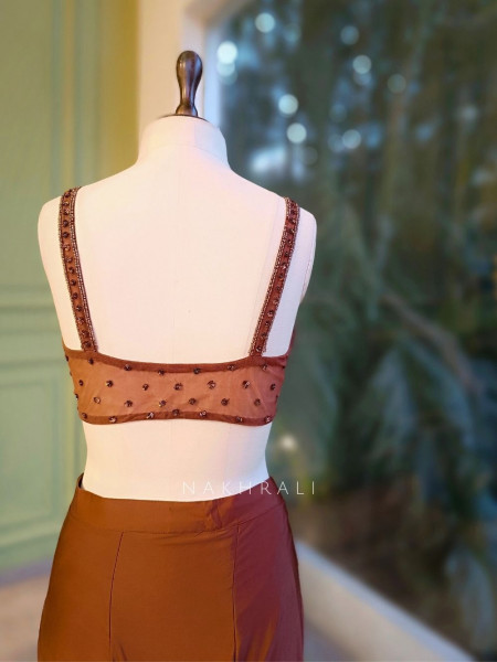 Riona Brown Sequin Drape Saree with Cut Dana Blouse