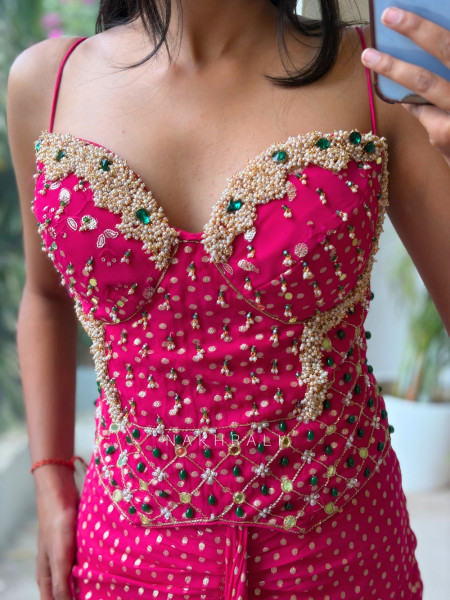 Artifact Magenta Indo-Western Corset Crop Top & Pre-Draped Skirt