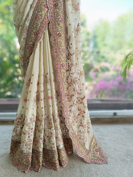 Aroha Cream Embroidered Saree with Stone Work
