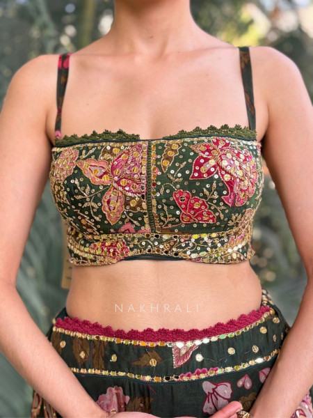 Tiya  Green Floral Lehenga Set with Embellished Blouse