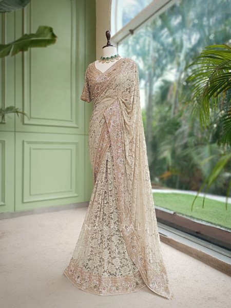 Sereia Beige Chantilly Lace Designer Saree with Readymade Blouse