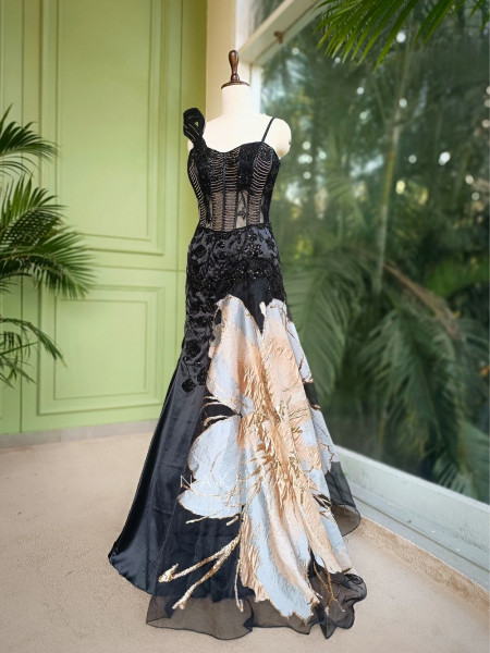 Isalyn Noir Cut-Dana Corset Gown with Statement Floral Motif