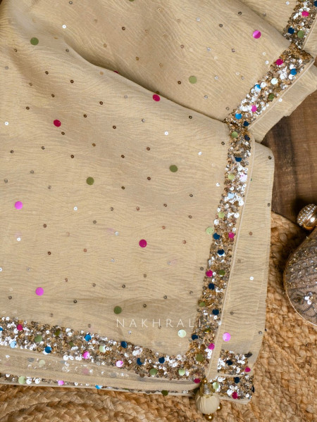 Eclipse Cream Crushed Tissue Saree with Sequin and Pearl Work