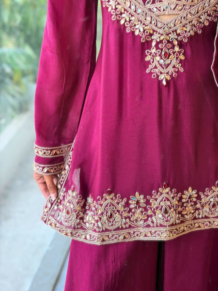 Nazneen Wine Fendy Silk Sharara Set