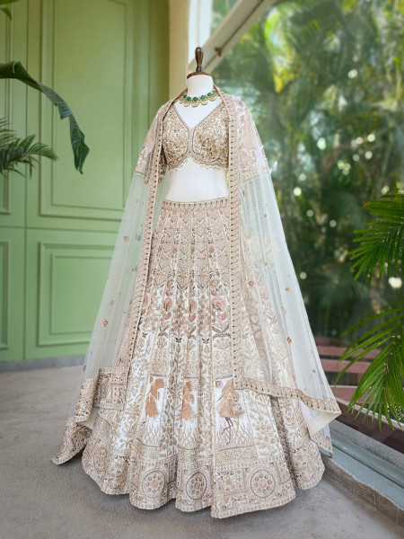 Elara Beige Bridal Indo Western Lehenga with Thread, Stone and Sequin Embroidery