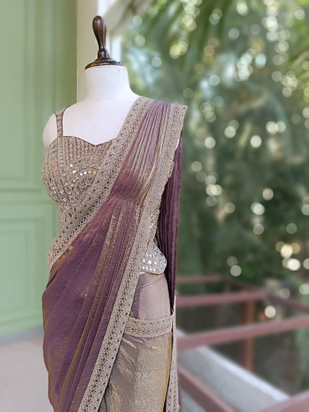 Darpan Purple Drape Saree with Mirror Embroidered Corset Blouse