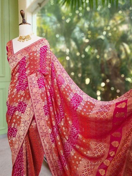 Morbagh Magenta Saree with Bandhani Print and Zari Weaving