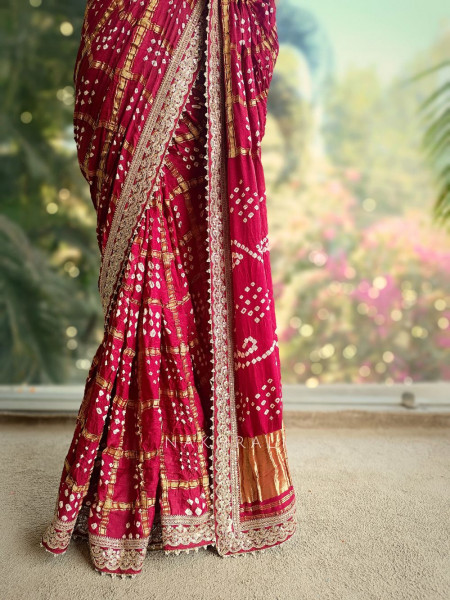 Noor-E-Riwaayat Maroon Bandhani Saree with Zari Border