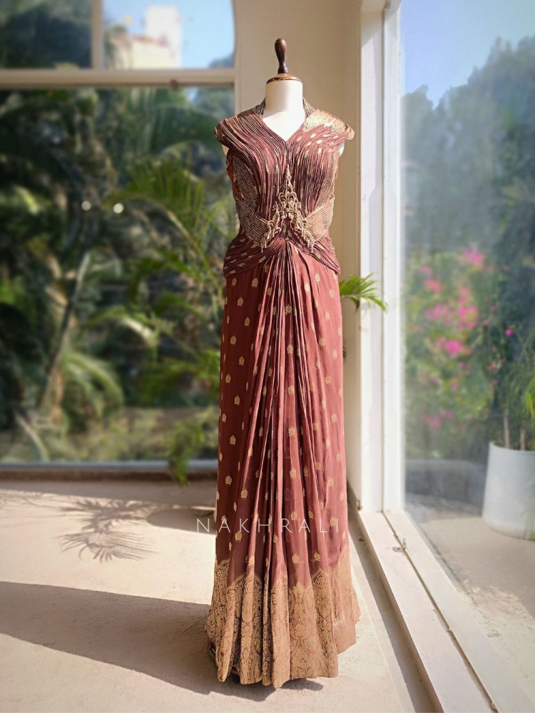 Image of Kaizel Brown Indo-Western Gown with Brocade Butis