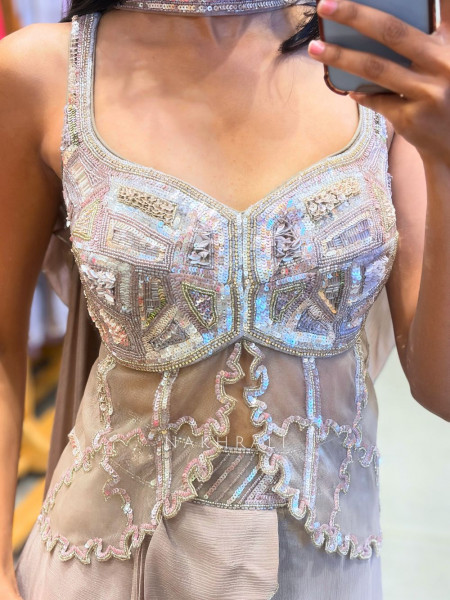 Kymera Beige Indo-Western Drape Skirt Set with Sequin Work