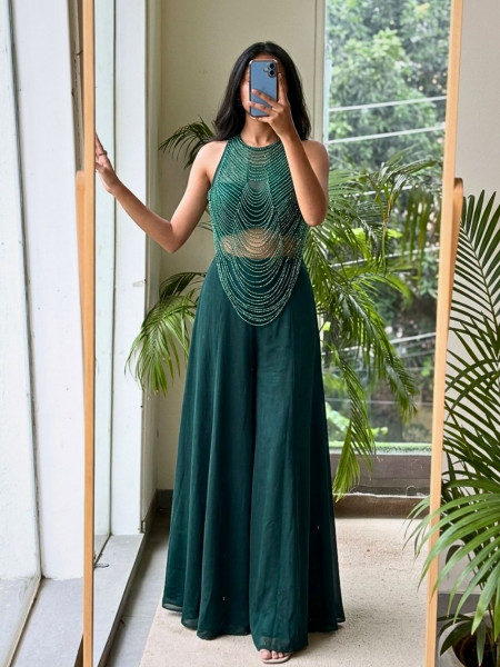 Verdelle Emerald Green Georgette Indo Western Crop Top Palazzo Set