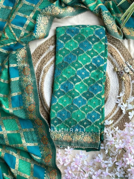 Rang-Kosh  Green Bandhani Pure Georgette Dress Material