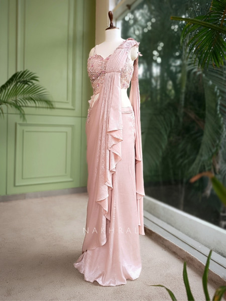 Shimmer Veil Peach Drape Saree with Cutdana and Sequin Work