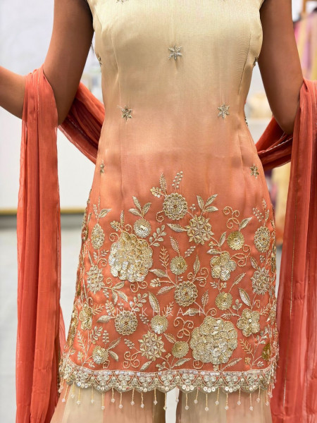 Kesarika Veil Orange Suit Set – Detailed Sequin Work