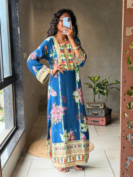 Kairaa Blue Straight Dress with Mirror and Embroidery Work