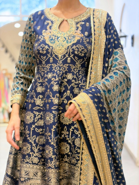 Dariya Navy Blue Silk Brocade Short Anarkali Suit