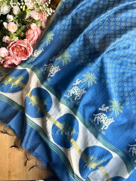 Katha Blue Printed Dress Material Set