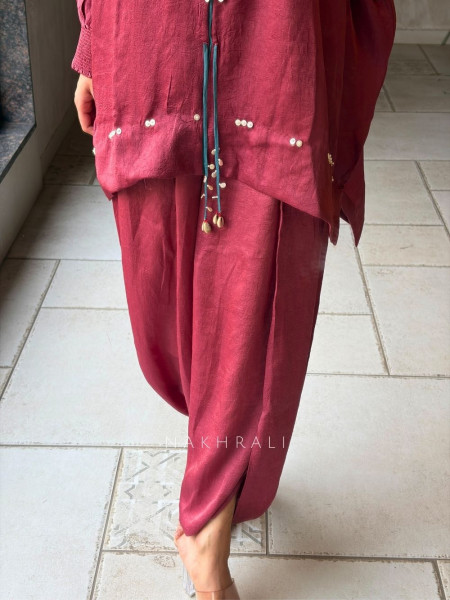 Zyven Maroon Kaftan Palazzo Set with Embroidered Sequin Neck