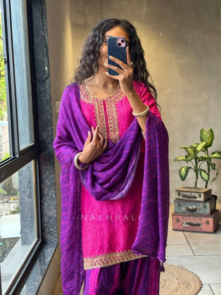 Rivkara Magenta Bandhej Suit Set with Golden Embroidery and Bead Work